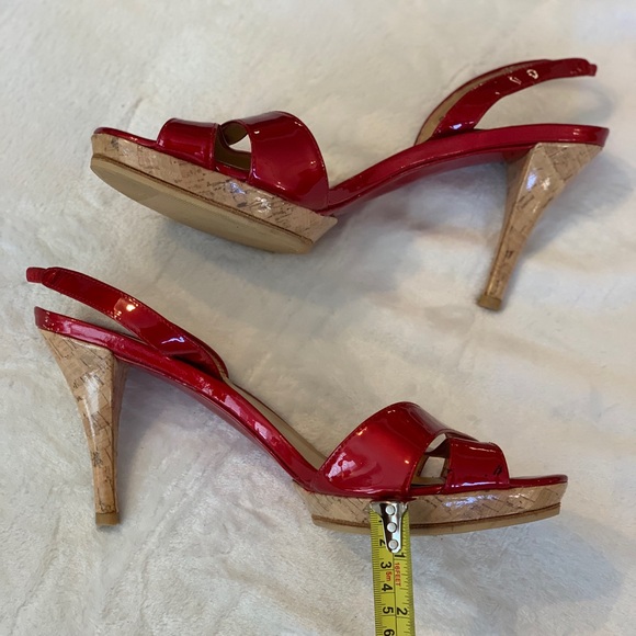 Stuart Weitzman Red Patent Slingback Platform Sandal Heel w/Cork Heels, Worn 1X! - Picture 6 of 11